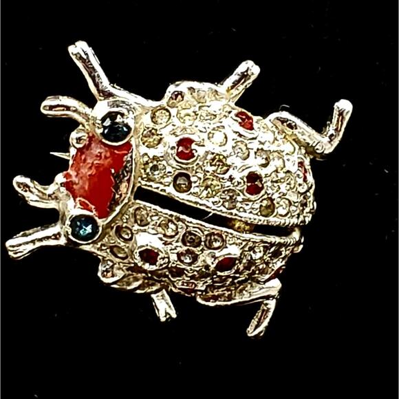 Vintage Coro Ladybug Perfume Sachet Brooch Rhinestone Tiny Bug Pin Silver Tone - Picture 1 of 11